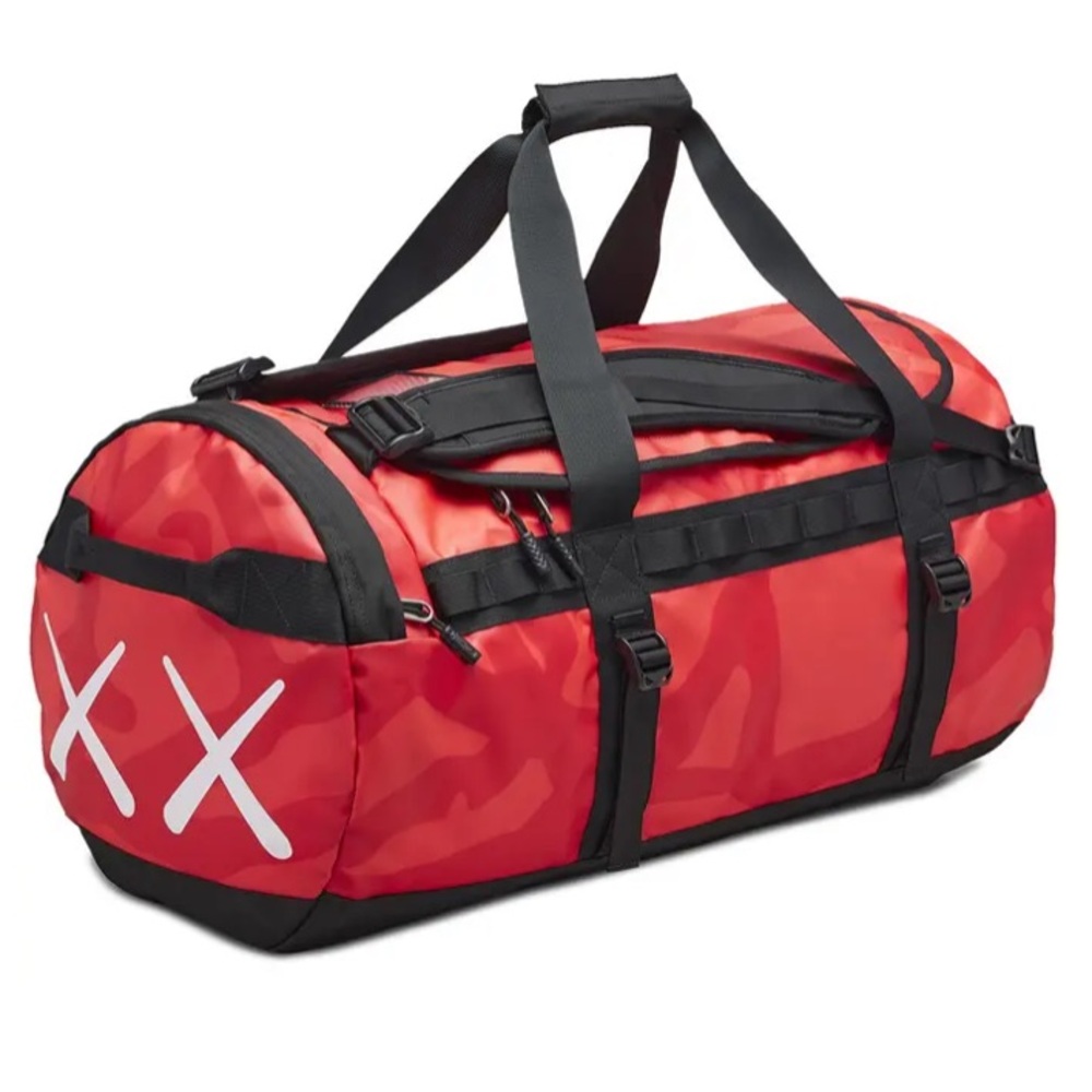 NWT 2022 KAWS x THE NORTH FACE MEDIUM RED DUFFLE BAG BRILLIANT CORAL 86 PRINT